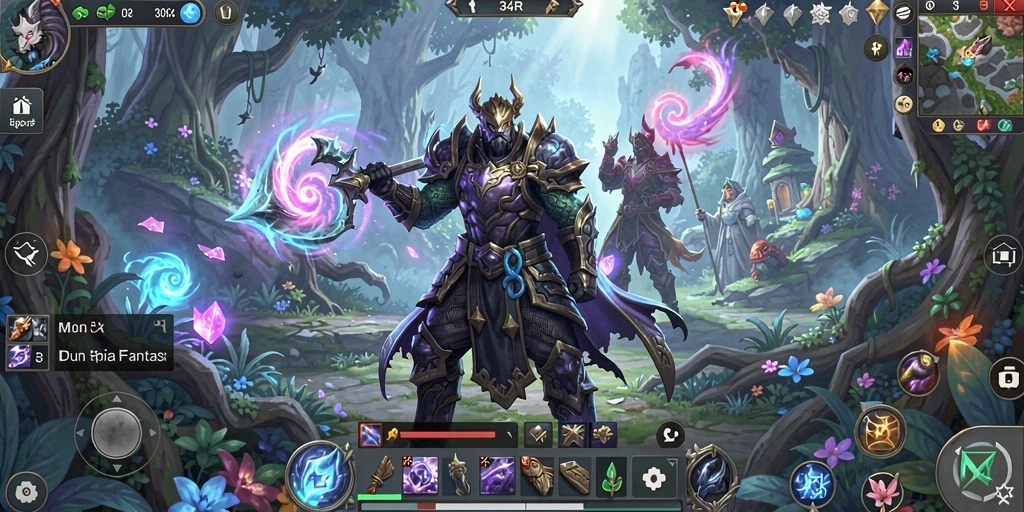 Tampilan gameplay 34R yang menampilkan pertempuran seru di dunia fantasi.