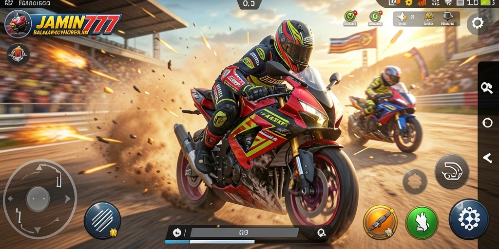 Gameplay seru dalam balapan motor dengan berbagai trek menantang.
