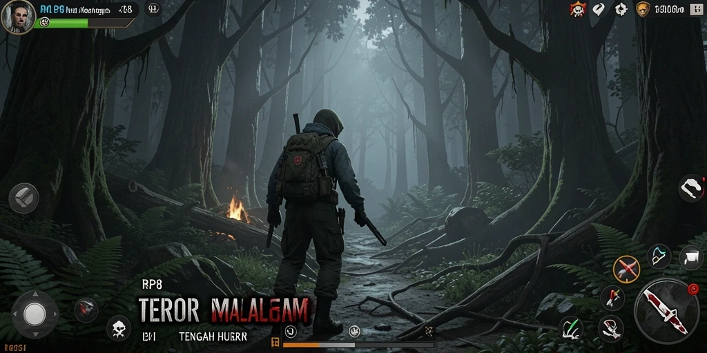 Screenshot utama RP8 menampilkan suasana hutan yang gelap dan mengerikan.