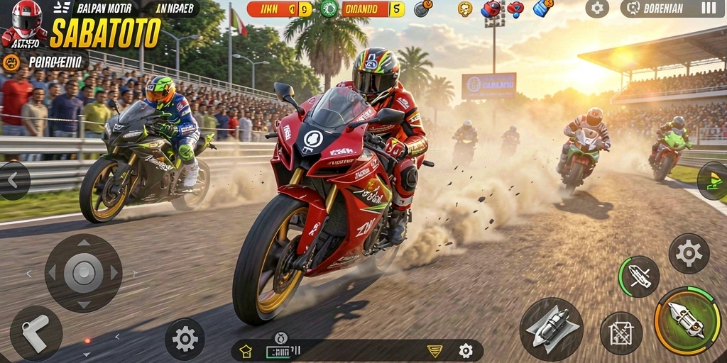 Screenshot gameplay SABATOTO menampilkan balapan motor yang seru dan menegangkan.
